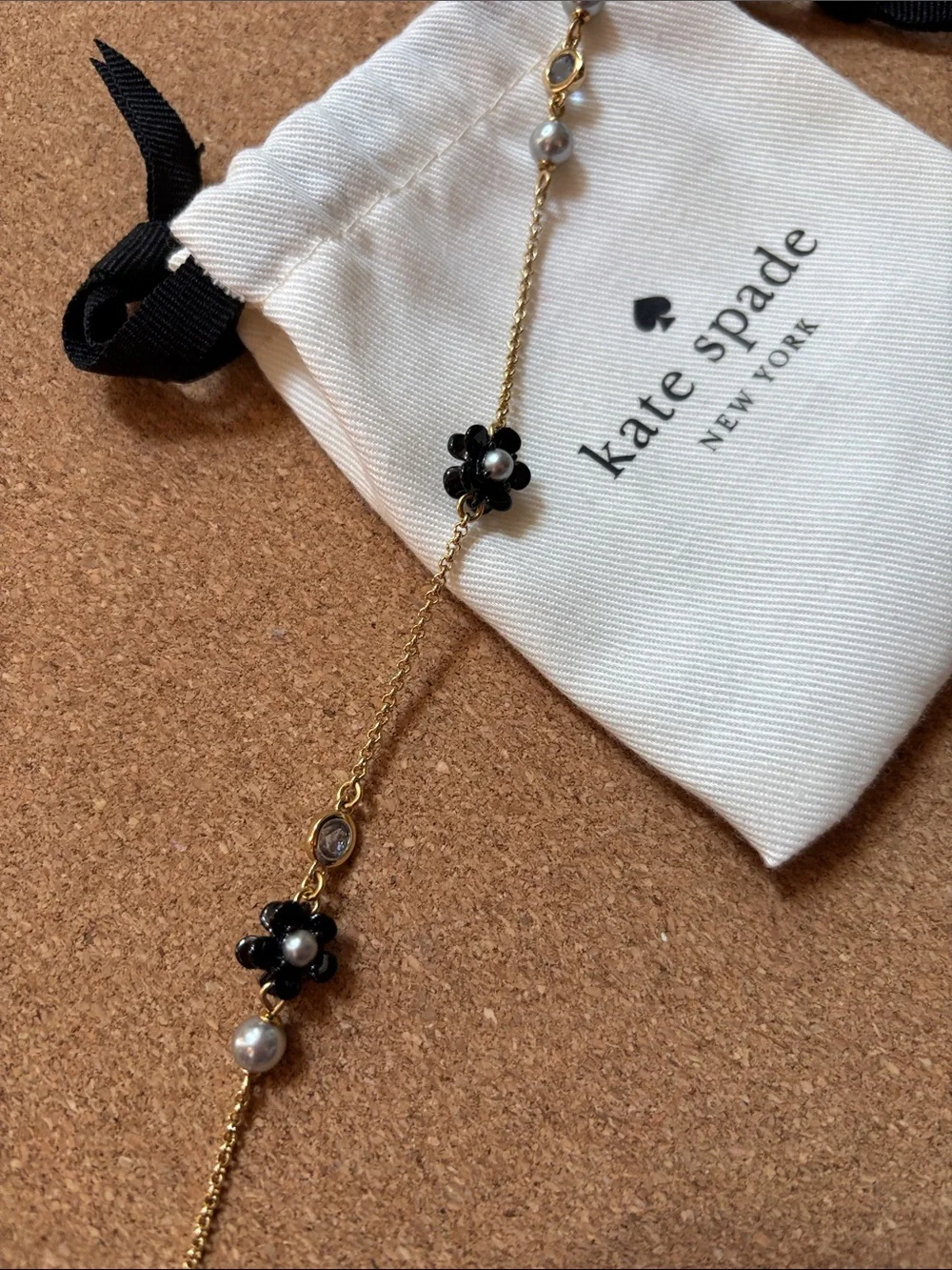 kate spade Gold-tone Long Necklace with Black Flower and Pearl Accents
